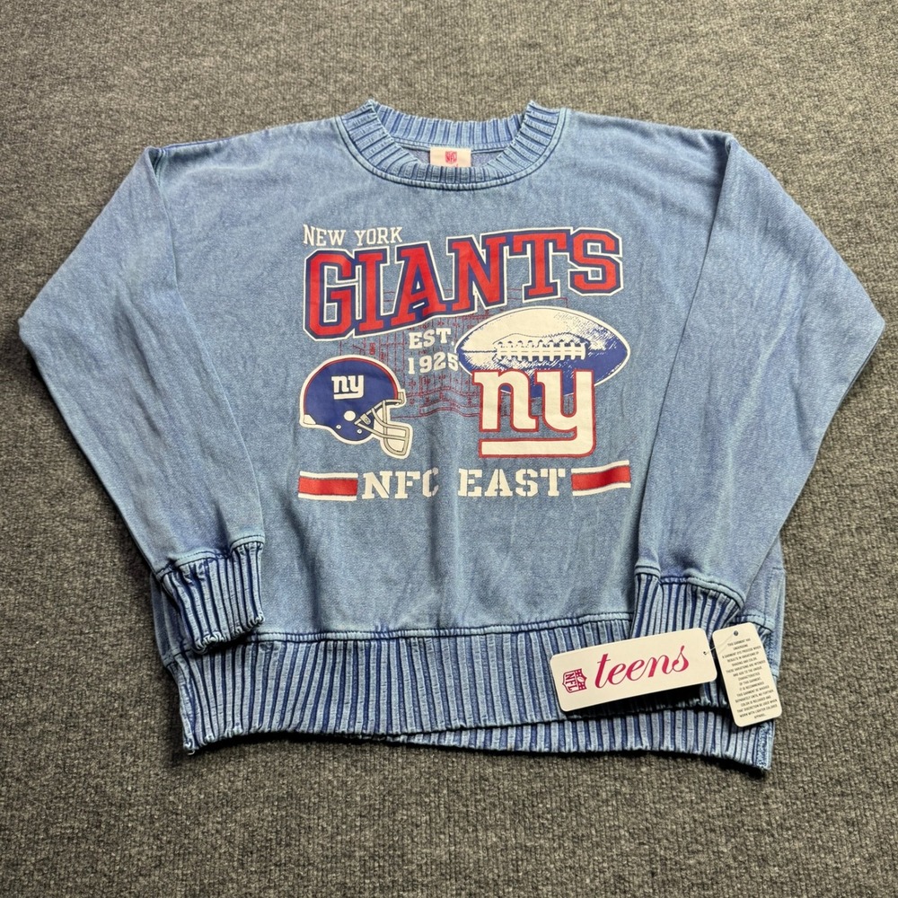 NWT‎ New York Giants NFL Apparel Sweatshirt Teens S Blue Acid Wash Graphic